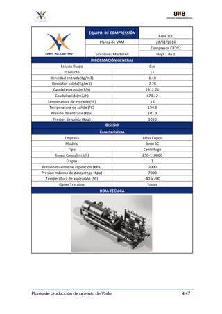 Planta de producción de acetato de Vinilo 4.47
	 	
EQUIPO		DE	COMPRESSIÓN	
Área	100	
Planta	de	VAM	 28/01/2016	
Situación:	Martorell	
Compresor	CR202	
Hoja	1	de	1	
INFORMACIÓN	GENERAL	
Estado	fluido	 Gas	
Producto	 ET	
Densidad	entrada(Kg/m3)	 1.18	
Densidad	salida(Kg/m3)	 7.28	
Caudal	entrada(m3/h)	 2912.71	
Caudal	salida(m3/h)	 474.12	
Temperatura	de	entrada	(ºC)	 15	
Temperatura	de	salida	(ºC)	 194.6	
Presión	de	entrada	(Kpa)	 101.3	
Presión	de	salida	(Kpa)	 1010	
DISEÑO	
Características	
Empresa	 Atlas	Copco	
Modelo	 Serie	SC	
Tipo	 Centrifugo	
Rango	Caudal(m3/h)	 250-110000	
Etapas	 1	
Presión	máxima	de	aspiración	(KPa)	 7000	
Presión	máxima	de	descarrega	(Kpa)	 7000	
Temperatura	de	aspiración	(ºC)	 -40	a	200	
Gases	Tratados	 Todos	
HOJA	TÉCNICA	
		
 