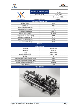 Planta de producción de acetato de Vinilo 4.50
	 	
EQUIPO		DE	COMPRESSIÓN	
Área	100	
Planta	de	VAM	 28/01/2016	
Situación:	Martorell	
Compresor	CR501	
Hoja	1	de	1	
INFORMACIÓN	GENERAL	
Estado	fluido	 Gas	
Producto	 ME	1	
Densidad	entrada	(Kg/m3)	 9.7	
Densidadsalida	(Kg/m3)	 11.58	
Caudal	entrada(m3/h)	 5471.7	
Caudal	salida(m3/h)	 4586.61	
Temperatura	de	entrada	(ºC)	 62.1	
Temperatura	de	salida	(ºC)	 81.78	
Presión	de	entrada	(Kpa)	 800	
Presión	de	salida	(Kpa)	 1010	
DISEÑO	
Características	
Empresa	 Atlas	Copco	
Modelo	 Serie	SC	
Tipo	 Centrifugo	
Rango	Caudal(m3/h)	 250-110000	
Etapas	 1	
Presión	máxima	de	aspiración	(KPa)	 7000	
Presión	máxima	de	descarrega	(Kpa)	 7000	
Temperatura	de	aspiración	(ºC)	 -40	a	200	
Gases	Tratados	 Todos	
HOJA	TÉCNICA	
	 	
 