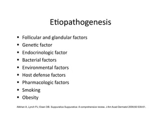 E(opathogenesis 
    Follicular and glandular factors 
    Gene(c factor 
    Endocrinologic factor 
    Bacterial factors 
    Environmental factors 
    Host defense factors 
    Pharmacologic factors 
    Smoking 
    Obesity 
Alikhan A, Lynch PJ, Eisen DB. Suppurativa Suppurativa: A comprehensive review. J Am Acad Dermatol 2009;60:539-61.
 