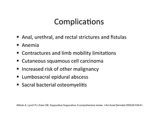 Complica(ons 
    Anal, urethral, and rectal strictures and ﬁstulas   
    Anemia   
    Contractures and limb mobility limita(ons   
    Cutaneous squamous cell carcinoma   
    Increased risk of other malignancy   
    Lumbosacral epidural abscess   
    Sacral bacterial osteomyeli(s  


Alikhan A, Lynch PJ, Eisen DB. Suppurativa Suppurativa: A comprehensive review. J Am Acad Dermatol 2009;60:539-61.
 