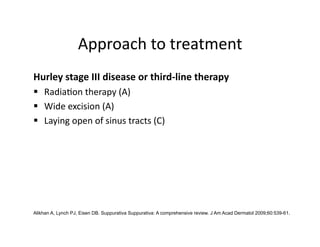 Approach to treatment 
Hurley stage III disease or third‐line therapy   
  Radia(on therapy (A) 
  Wide excision (A) 
  Laying open of sinus tracts (C) 




Alikhan A, Lynch PJ, Eisen DB. Suppurativa Suppurativa: A comprehensive review. J Am Acad Dermatol 2009;60:539-61.
 