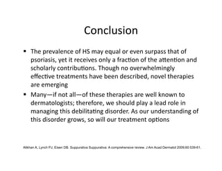 Conclusion 
  The prevalence of HS may equal or even surpass that of 
   psoriasis, yet it receives only a frac(on of the aKen(on and 
   scholarly contribu(ons. Though no overwhelmingly 
   eﬀec(ve treatments have been described, novel therapies 
   are emerging 
  Many—if not all—of these therapies are well known to 
   dermatologists; therefore, we should play a lead role in 
   managing this debilita(ng disorder. As our understanding of 
   this disorder grows, so will our treatment op(ons 


Alikhan A, Lynch PJ, Eisen DB. Suppurativa Suppurativa: A comprehensive review. J Am Acad Dermatol 2009;60:539-61.
 
