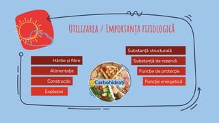 Utilizarea / Importanța ﬁziologică
Hârtie și ﬁbre
Alimentație
Construcție
Explozivi
Substanță structurală
Substanță de rezervă
Funcție de protecție
Funcție energetică
Carbohidrați
 