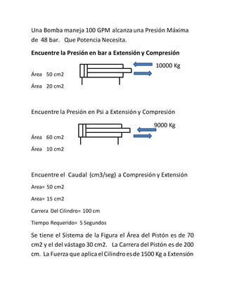 Una Bomba maneja 100 GPM alcanza una Presión Máxima 
de 48 bar. Que Potencia Necesita. 
Encuentre la Presión en bar a Extensión y Compresión 
10000 Kg 
Área 50 cm2 
Área 20 cm2 
Encuentre la Presión en Psi a Extensión y Compresión 
9000 Kg 
Área 60 cm2 
Área 10 cm2 
Encuentre el Caudal (cm3/seg) a Compresión y Extensión 
Area= 50 cm2 
Area= 15 cm2 
Carrera Del Cilindro= 100 cm 
Tiempo Requerido= 5 Segundos 
Se tiene el Sistema de la Figura el Área del Pistón es de 70 
cm2 y el del vástago 30 cm2. La Carrera del Pistón es de 200 
cm. La Fuerza que aplica el Cilindro es de 1500 Kg a Extensión 
 