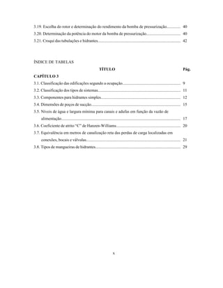 3.19. Escolha do rotor e determinação do rendimento da bomba de pressurização............. 40
3.20. Determinação da potência do motor da bomba de pressurização................................ 40
3.21. Croqui das tubulações e hidrantes............................................................................... 42
ÍNDICE DE TABELAS
TÍTULO Pág.
CAPÍTULO 3
3.1. Classificação das edificações segundo a ocupação....................................................... 9
3.2. Classificação dos tipos de sistemas............................................................................... 11
3.3. Componentes para hidrantes simples............................................................................. 12
3.4. Dimensões de poços de sucção...................................................................................... 15
3.5. Níveis de água e largura mínima para canais e adufas em função da vazão de
alimentação.................................................................................................................... 17
3.6. Coeficiente de atrito “C” de Hanzen-Williams............................................................. 20
3.7. Equivalência em metros de canalização reta das perdas de carga localizadas em
conexões, bocais e válvulas........................................................................................... 21
3.8. Tipos de mangueiras de hidrantes.................................................................................. 29
x
 