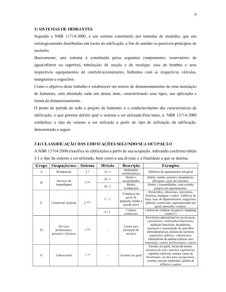 9
3) SISTEMAS DE HIDRANTES
Segundo a NBR 13714:2000, é um sistema constituído por tomadas de incêndio, que são
estrategicamente distribuídas em locais da edificação, a fim de atender os possíveis princípios de
incêndio.
Basicamente, este sistema é constituído pelos seguintes componentes: reservatório de
água(inferior ou superior), tubulações de sucção e de recalque, casa de bombas e seus
respectivos equipamentos de controle/acionamento, hidrantes com as respectivas válvulas,
mangueiras e esguichos.
Como o objetivo deste trabalho é estabelecer um roteiro de dimensionamento de uma instalação
de hidrantes, será abordado cada um destes itens, caracterizando seus tipos, sua aplicação e
forma de dimensionamento.
O ponto de partida de todo o projeto de hidrantes é o estabelecimento das características da
edificação, o que permite definir qual o sistema a ser utilizado.Para tanto, a NBR 13714:2000
estabelece o tipo de sistema a ser utilizado a partir do tipo de utilização da edificação,
demonstrado a seguir.
3.1) CLASSIFICAÇÃO DAS EDIFICAÇÕES SEGUNDO SUA OCUPAÇÃO
A NBR 13714:2000 classifica as edificações a partir de sua ocupação, indicando conforme tabela
3.1 o tipo do sistema a ser utilizado, bem como a sua divisão e a finalidade a que se destina.
Grupo Ocupação/uso Sistema Divisão Descrição Exemplos
A Residencial 1 * A - 1
Habitações
multifamiliares
Edifícios de apartamentos em geral
B - 1
Hotéis e
assemelhados
Hotéis, motéis, pensões, hospedarias,
albergues, casas de cômodos.
B
Serviços de
hospedagem
1 **
B - 2
Hotéis
residenciais
Hotéis e assemelhados, com cozinha
própria nos apartamentos.
C - 1
Comércio em
geral, de
pequeno, médio e
grande porte
Armarinhos, tabacarias, mercearias,
fruteiras, butiques e outros. Edifícios de
lojas, lojas de departamentos, magazines,
galerias, comerciais, supermercados em
geral, mercados e outros.
C Comercial varejista 2 ***
C- 2
Centros
comerciais
Centros de compras em geral (“shopping
centers”)
D
Serviços
profissionais,
pessoais e técnicos
1 ** -
Locais para
prestação de
serviços
Escritórios administrativos ou técnicos,
consultórios, instituições financeiras,
agências bancárias, lavanderias,
reparação e manutenção de aparelhos
eletrodomésticos, pintura de letreiros,
repartições públicas, cabelereiros,
laboratórios de análise clínicas sem
internação, centros profissionais e outros.
E Educacional 1 ** - Escolas em geral
Escolas em geral, locais de ensino,
inclusive de artes marciais e ginásticas,
esportes coletivos, saunas, casas de
fisioterapia, escolas para excepcionais,
creches, escolas maternais, jardins de
infância e outros.
 