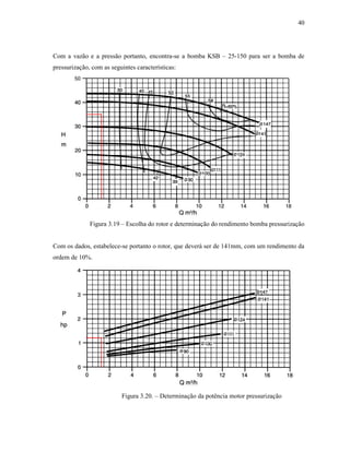 40
Com a vazão e a pressão portanto, encontra-se a bomba KSB – 25-150 para ser a bomba de
pressurização, com as seguintes características:
Figura 3.19 – Escolha do rotor e determinação do rendimento bomba pressurização
Com os dados, estabelece-se portanto o rotor, que deverá ser de 141mm, com um rendimento da
ordem de 10%.
Figura 3.20. – Determinação da potência motor pressurização
 