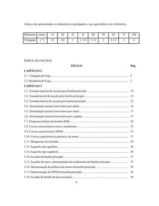 Abaixo são apresentados os diâmetros em polegadas e sua equivalência em milímetros.
Milímetro (mm) 13 20 25 32 40 50 65 75 100
Polegada ( “) 1/2 3/4 1 1 1/4 1 1/2 2 2 1/2 3 4
ÍNDICE DE FIGURAS
TÍTULO Pág.
CAPÍTULO 2
2.1. Triângulo do Fogo......................................................................................................... 2
2.2. Quadrado do Fogo......................................................................................................... 3
CAPÍTULO 3
3.1. Tomada superior de sucção para bomba principal........................................................ 14
3.2. Tomada lateral de sucção para bomba principal............................................................ 15
3.3. Tomada inferior de sucção para bomba principal.......................................................... 15
3.4. Alimentação natural reservatório por adufa.................................................................. 16
3.5. Alimentação natural reservatório por canal................................................................... 17
3.6. Alimentação natural reservatório por conduto.............................................................. 17
3.7. Diagrama seleção de bombas KSB................................................................................ 26
3.8. Curvas características rotor e rendimento...................................................................... 27
3.9. Curvas características NPSH......................................................................................... 27
3.10. Curvas características potencia do motor................................................................... 27
3.11. Mangueiras de incêndio............................................................................................... 29
3.12. Esguicho tipo agulheta................................................................................................. 30
3.13. Esguicho tipo regulável............................................................................................... 30
3.14. Escolha da bomba principal......................................................................................... 37
3.15. Escolha do rotor e determinação do rendimento da bomba principal......................... 37
3.16. Determinação da potência do motor da bomba principal............................................ 38
3.17. Determinação do NPSH da bomba principal............................................................... 38
3.18. Escolha da bomba de pressurização............................................................................ 39
ix
 
