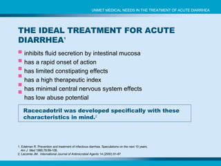 inhibits fluid secretion by intestinal mucosa has a rapid onset of action has limited  constipating effects  has a high therapeutic index has  minimal central nervous system effects has  low abuse potential Racecadotril was developed specifically with these characteristics in mind. 2 1. Edelman R. Prevention and treatment of infectious diarrhea. Speculations on the next 10 years.  Am J  Med  1985;78:99-106. 2. Lecomte JM.  International Journal of Antimicrobial Agents  14 (2000) 81-87 THE IDEAL TREATMENT FOR ACUTE DIARRHEA 1 UNMET MEDICAL NEEDS IN THE TREATMENT OF ACUTE DIARRHEA 