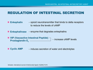 REGULATION OF INTESTINAL SECRETION  Enkephalin - opioid neurotransmitter that binds to delta receptors to reduce the levels of cAMP Schwartz.  International Journal of Antimicrobial Agents  14(2000) 75-79 VIP (Vasoactive Intestinal Peptide) Prostaglandin E 2 - increase cAMP levels Cyclic AMP - induces secretion of water and electrolytes Enkephalinase - enzyme that degrades enkephalins RACECADOTRIL: AN INTESTINAL ANTISECRETORY AGENT 