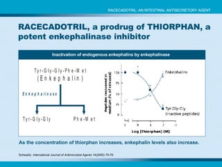 As the concentration of thiorphan increases, enkephalin levels also increase. Inactivation of endogenous enkephalins by enkephalinase Schwartz.  International Journal of Antimicrobial Agents  14(2000) 75-79 RACECADOTRIL: AN INTESTINAL ANTISECRETORY AGENT RACECADOTRIL, a prodrug of THIORPHAN, a potent enkephalinase inhibitor 