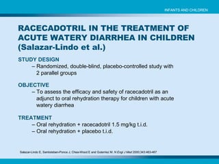 STUDY DESIGN   –  Randomized, double-blind, placebo-controlled study with 2 parallel groups OBJECTIVE   –  To assess the efficacy and safety of racecadotril as an adjunct to oral rehydration therapy  for children with acute watery diarrhea RACECADOTRIL IN THE TREATMENT OF ACUTE WATERY DIARRHEA IN CHILDREN (Salazar-Lindo et al.) TREATMENT   –  Oral rehydration + racecadotril 1.5 mg/kg t.i.d.   –  Oral rehydration + placebo t.i.d. Salazar-Lindo E, Santisteban-Ponce J, Chea-Wood E and Guterriez M.  N Engl J Med  2000;343:463-467   INFANTS AND CHILDREN 