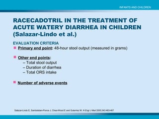 EVALUATION CRITERIA  Primary end point :  48-hour stool output (measured in grams) Other end points : –   Total stool output –  Duration of diarrhea –  Total ORS intake Number of adverse events Salazar-Lindo E, Santisteban-Ponce J, Chea-Wood E and Guterriez M.  N Engl J Med  2000;343:463-467   RACECADOTRIL IN THE TREATMENT OF ACUTE WATERY DIARRHEA IN CHILDREN (Salazar-Lindo et al.) INFANTS AND CHILDREN 