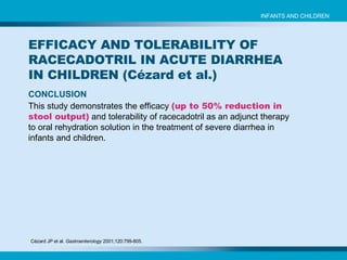 Cézard JP et al.  Gastroenterology  2001;120:799-805.   CONCLUSION This study demonstrates the efficacy  (up to 50% reduction in stool output)  and tolerability of racecadotril as an adjunct therapy to oral rehydration solution in the treatment of severe diarrhea in infants and children. EFFICACY AND TOLERABILITY OF RACECADOTRIL IN ACUTE DIARRHEA IN CHILDREN ( Cézard et al.) INFANTS AND CHILDREN 