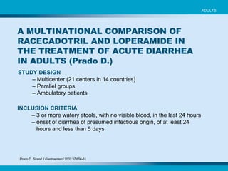 A MULTINATIONAL COMPARISON OF RACECADOTRIL AND LOPERAMIDE IN THE TREATMENT OF ACUTE DIARRHEA IN ADULTS (Prado D.) STUDY DESIGN   –  Multicenter (21 centers in 14 countries)  –   Parallel groups   –   Ambulatory patients   Prado D.  Scand J Gastroenterol  2002;37:656-61   INCLUSION CRITERIA   –  3 or more watery stools, with no visible blood, in the last 24 hours   –  onset of diarrhea of presumed infectious origin, of at least 24 hours and less than 5 days ADULTS 