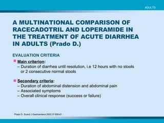 ADULTS EVALUATION CRITERIA   Main criterion : –  Duration of diarrhea until resolution, i.e 12 hours with no stools or 2 consecutive normal stools Secondary criteria : –  Duration of abdominal distension and abdominal pain –  Associated symptoms –  Overall clinical response (success or failure)   Prado D.  Scand J Gastroenterol  2002;37:656-61   A MULTINATIONAL COMPARISON OF RACECADOTRIL AND LOPERAMIDE IN THE TREATMENT OF ACUTE DIARRHEA IN ADULTS (Prado D.) 