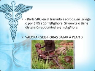 • - Darle SRO en el traslado a sorbos, en jeringa
o por SNG a 20ml/Kg/hora. Si vomita o tiene
distensión abdominal a 5 ml/kg/hora.
• VALORAR SEIS HORAS BAJAR A PLAN B
 