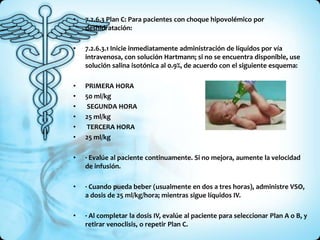 • 7.2.6.3 Plan C: Para pacientes con choque hipovolémico por
deshidratación:
• 7.2.6.3.1 Inicie inmediatamente administración de líquidos por vía
intravenosa, con solución Hartmann; si no se encuentra disponible, use
solución salina isotónica al 0.9%, de acuerdo con el siguiente esquema:
• PRIMERA HORA
• 50 ml/kg
• SEGUNDA HORA
• 25 ml/kg
• TERCERA HORA
• 25 ml/kg
• · Evalúe al paciente continuamente. Si no mejora, aumente la velocidad
de infusión.
• · Cuando pueda beber (usualmente en dos a tres horas), administre VSO,
a dosis de 25 ml/kg/hora; mientras sigue líquidos IV.
• · Al completar la dosis IV, evalúe al paciente para seleccionar Plan A o B, y
retirar venoclisis, o repetir Plan C.
 