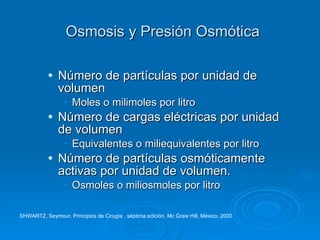 Osmosis y Presión Osmótica Número de partículas por unidad de volumen  Moles o milimoles por litro Número de cargas eléctricas por unidad de volumen Equivalentes o miliequivalentes por litro Número de partículas osmóticamente activas por unidad de volumen. Osmoles o miliosmoles por litro SHWARTZ, Seymour, Principios de Cirugía , séptima edición. Mc Graw Hill, México, 2000 