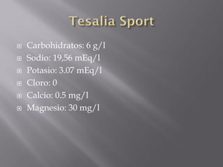    Carbohidratos: 6 g/l
   Sodio: 19,56 mEq/l
   Potasio: 3.07 mEq/l
   Cloro: 0
   Calcio: 0.5 mg/l
   Magnesio: 30 mg/l
 