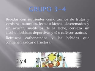Bebidas con nutrientes como zumos de frutas y
verduras naturales, leche o lácteos descremados y
sin azúcar, sustitutos de la leche, cerveza sin
alcohol, bebidas deportivas y té o café con azúcar.
Refrescos carbonatados y las bebidas que
contienen azúcar o fructosa.
 