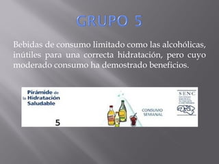 Bebidas de consumo limitado como las alcohólicas,
inútiles para una correcta hidratación, pero cuyo
moderado consumo ha demostrado beneficios.
 