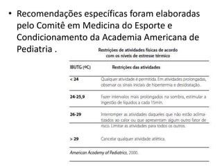 • Recomendações específicas foram elaboradas
pelo Comitê em Medicina do Esporte e
Condicionamento da Academia Americana de
Pediatria .
 