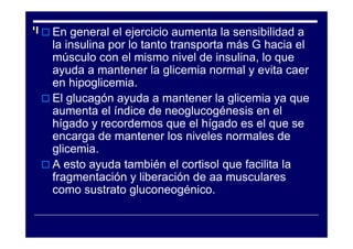 En general el ejercicio aumenta la sensibilidad a
la insulina por lo tanto transporta más G hacia el
músculo con el mismo nivel de insulina, lo que
ayuda a mantener la glicemia normal y evita caer
en hipoglicemia.
El glucagón ayuda a mantener la glicemia ya que
aumenta el índice de neoglucogénesis en el
hígado y recordemos que el hígado es el que se
encarga de mantener los niveles normales de
glicemia.
A esto ayuda también el cortisol que facilita la
fragmentación y liberación de aa musculares
como sustrato gluconeogénico.
 