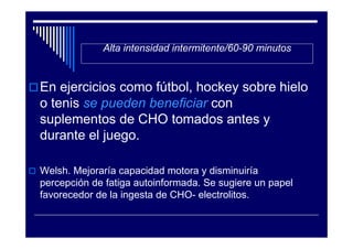 Alta intensidad intermitente/60-90 minutos


En ejercicios como fútbol, hockey sobre hielo
o tenis se pueden beneficiar con
suplementos de CHO tomados antes y
durante el juego.

Welsh. Mejoraría capacidad motora y disminuiría
percepción de fatiga autoinformada. Se sugiere un papel
favorecedor de la ingesta de CHO- electrolitos.
 