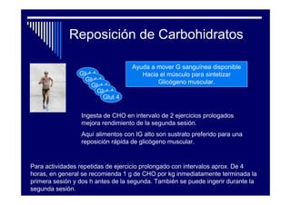 Reposición de Carbohidratos

                                   Ayuda a mover G sanguínea disponible
                 Glut 4               Hacia el músculo para sintetizar
                   Glut 4                  Glicógeno muscular.
                     Glut 4
                        Glut 4
                          Glut 4

                 Ingesta de CHO en intervalo de 2 ejercicios prologados
                 mejora rendimiento de la segunda sesión.
                 Aquí alimentos con IG alto son sustrato preferido para una
                 reposición rápida de glicógeno muscular.


Para actividades repetidas de ejercicio prolongado con intervalos aprox. De 4
horas, en general se recomienda 1 g de CHO por kg inmediatamente terminada la
primera sesión y dos h antes de la segunda. También se puede ingerir durante la
segunda sesión.
 