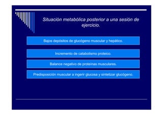 Situación metabólica posterior a una sesión de
                        ejercicio.


      Bajos depósitos de glucógeno muscular y hepático.


              Incremento de catabolismo proteico.


          Balance negativo de proteínas musculares.

Predisposición muscular a ingerir glucosa y sintetizar glucógeno.
 