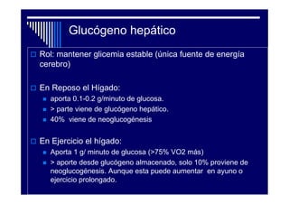 Glucógeno hepático
Rol: mantener glicemia estable (única fuente de energía
cerebro)

En Reposo el Hígado:
   aporta 0.1-0.2 g/minuto de glucosa.
   > parte viene de glucógeno hepático.
   40% viene de neoglucogénesis


En Ejercicio el hígado:
   Aporta 1 g/ minuto de glucosa (>75% VO2 más)
   > aporte desde glucógeno almacenado, solo 10% proviene de
   neoglucogénesis. Aunque esta puede aumentar en ayuno o
   ejercicio prolongado.
 