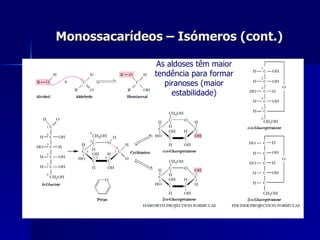 Monossacarídeos – Isómeros (cont.) As aldoses têm maior tendência para formar piranoses (maior estabilidade) 