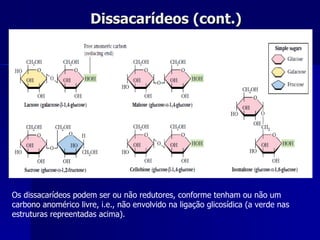 Dissacarídeos (cont.) Os dissacarídeos podem ser ou não redutores, conforme tenham ou não um carbono anomérico livre, i.e., não envolvido na ligação glicosídica (a verde nas estruturas repreentadas acima). 