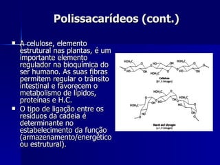 Polissacarídeos (cont.) A celulose, elemento estrutural nas plantas, é um importante elemento regulador na bioquímica do ser humano. As suas fibras permitem regular o trânsito intestinal e favorecem o metabolismo de lípidos, proteínas e H.C. O tipo de ligação entre os resíduos da cadeia é determinante no estabelecimento da função (armazenamento/energético ou estrutural). 