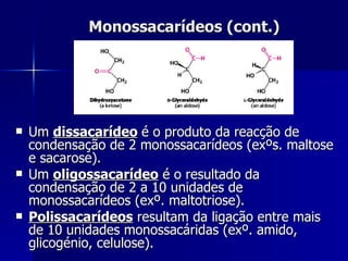 Monossacarídeos (cont.) Um  dissacarídeo   é o produto da reacção de condensação de 2 monossacarídeos (exºs. maltose e sacarose). Um  oligossacarídeo  é o resultado da condensação de 2 a 10 unidades de monossacarídeos (exº. maltotriose). Polissacarídeos  resultam da ligação entre mais de 10 unidades monossacáridas (exº. amido, glicogénio, celulose). 