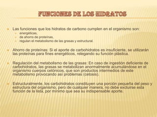 PanLos alimentos ricos en hidratos de carbono suelen ser los más baratos y abundantes en comparación con los alimentos de alto contenido en proteínas o grasa.Se queman durante el metabolismo para producir energía, liberando dióxido de carbono y agua. El cuerpo utiliza energía para realizar actividades vitales y para mantenerse a una temperatura constante.Se clasifican en monosacáridos, disacáridos y polisacáridos.