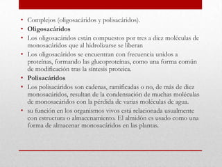 • Complejos (oligosacáridos y polisacáridos).
• Oligosacáridos
• Los oligosacáridos están compuestos por tres a diez moléculas de
  monosacáridos que al hidrolizarse se liberan
• Los oligosacáridos se encuentran con frecuencia unidos a
  proteínas, formando las glucoproteínas, como una forma común
  de modificación tras la síntesis proteica.
• Polisacáridos
• Los polisacáridos son cadenas, ramificadas o no, de más de diez
  monosacáridos, resultan de la condensación de muchas moléculas
  de monosacáridos con la pérdida de varias moléculas de agua.
• su función en los organismos vivos está relacionada usualmente
  con estructura o almacenamiento. El almidón es usado como una
  forma de almacenar monosacáridos en las plantas.
 