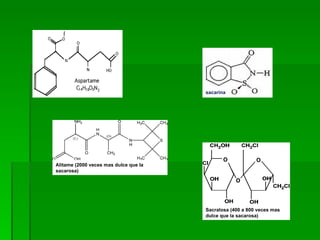 sacarina




Alitame (2000 veces mas dulce que la
sacarosa)




                                       Sacralosa (400 a 800 veces mas
                                       dulce que la sacarosa)
 