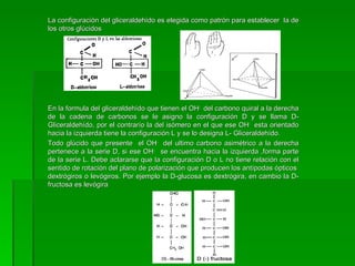 La configuración del gliceraldehído es elegida como patrón para establecer la de
los otros glúcidos




En la formula del gliceraldehído que tienen el OH- del carbono quiral a la derecha
de la cadena de carbonos se le asigno la configuración D y se llama D-
Gliceraldehído, por el contrarío la del isómero en el que ese OH- esta orientado
hacia la izquierda tiene la configuración L y se lo designa L- Gliceraldehído.
Todo glúcido que presente el OH- del ultimo carbono asimétrico a la derecha
pertenece a la serie D, si ese OH- se encuentra hacia la izquierda ,forma parte
de la serie L. Debe aclararse que la configuración D o L no tiene relación con el
sentido de rotación del plano de polarización que producen los antípodas ópticos
dextrógiros o levógiros. Por ejemplo la D-glucosa es dextrógira, en cambio la D-
fructosa es levógira
 