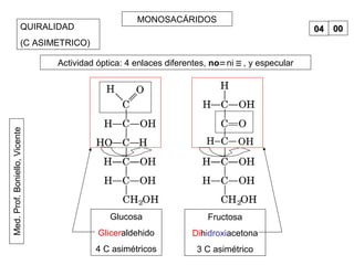 Med.Prof.Boniello,Vicente
0404
MONOSACÁRIDOS
0000QUIRALIDAD
(C ASIMETRICO)
Glucosa
Gliceraldehido
4 C asimétricos
Fructosa
Dihidroxiacetona
3 C asimétrico
Actividad óptica: 4 enlaces diferentes, no ni , y especular
 