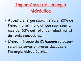 Importància de l’energia hidràulica Aquesta energia subministra el 20% de l'electricitat mundial, que representa més del 63% del total de l'electricitat de fonts renovables.  L'electrificació de  Catalunya  va basar-se en les seves primeres dècades en l'energia hidroelèctrica . 