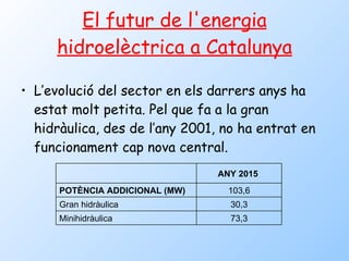 El futur de l'energia hidroelèctrica a Catalunya L’evolució del sector en els darrers anys ha estat molt petita. Pel que fa a la gran hidràulica, des de l’any 2001, no ha entrat en funcionament cap nova central. 73,3 Minihidràulica 30,3 Gran hidràulica 103,6 POTÈNCIA ADDICIONAL (MW)   ANY 2015   