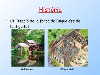 Història Utilització de la força de l’aigua des de l’antiguitat Fàbrica d’oli Molí   fariner 