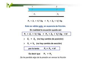 1                               2



                 Z1                              Z2



         P1 + Z1 + V12 /2g    = P2 + Z2 + V22 /2g


     Esto es válido solo en ausencia de fricción.
           En realidad la ecuación queda así:

    P1 + Z1 + V12 /2g        = P2 + Z2 + V22 /2g + hf

        Z1 = Z2 (no hay cambio de posición)

        V1 = V2 (no hay cambio de sección)

         por lo tanto         P1 = P2 + hf

          Es decir que       P1 > P2
Se ha perdido algo de la presión en vencer la fricción
 