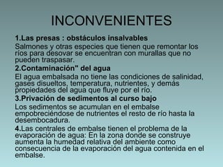 INCONVENIENTES 1.Las presas : obstáculos insalvables   Salmones y otras especies que tienen que remontar los ríos para desovar se encuentran con murallas que no pueden traspasar. 2.Contaminación" del agua  El agua embalsada no tiene las condiciones de salinidad, gases disueltos, temperatura, nutrientes, y demás propiedades del agua que fluye por el río. 3.Privación de sedimentos al curso bajo  Los sedimentos se acumulan en el embalse empobreciéndose de nutrientes el resto de río hasta la desembocadura. 4. Las centrales de embalse tienen el problema de la evaporación de agua: En la zona donde se construye aumenta la humedad relativa del ambiente como consecuencia de la evaporación del agua contenida en el embalse.   