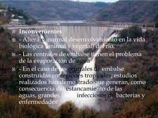    Inconvenientes
   - Altera el normal desenvolvimiento en la vida
    biológica (animal y vegetal) del río.
   - Las ...