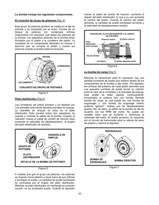 15
La bomba incluye los siguientes componentes.
El conjunto de grupo de pistones (Fig. 4)
Este grupo de pistones giratorio se instala en el eje de
entrada y es impulsado por el motor. Consta de un
bloque de pistones con numerosos orificios
maquinados con precisión que alojan los pistones de
la bomba. Los pequeños pistones de la bomba están
formados por el pistón y la corredera del pistón. La
corredera es un componente fabricado en bronce o
aluminio que se conecta al pistón y mueve los
pistones cuando la bomba está funcionando.
Plato distribuidor (Fig 5)
Las correderas del pistón pivotean y se deslizan por
una arandela endurecida llamada arandela de empuje.
La arandela de empuje se sitúa en el plato
distribuidor. Éste pivotea sobre dos pasadores de
soporte y controla la salida de la bomba. Cuando el
operador mueve el pedal de control de tracción para
aumentar la velocidad de desplazamiento, el ángulo
del plato distribuidor se acentúa.
A medida que gira el grupo de pistones, los pistones
se mueven hacia adentro y hacia fuera de sus orificios
y bombean el aceite. La cantidad de aceite bombeada
es controlada por el ángulo del plato distribuidor.
Mientras el plato distribuidor se mantenga en posición
neutral, no se bombeará aceite. Cuando el operador
mueve el pedal de control de tracción, aumenta el
ángulo del plato distribuidor, lo que a su vez aumenta
la carrera del pistón. Cuando la carrera del pistón
aumenta, la cantidad de aceite bombeado aumenta y
la velocidad de desplazamiento cambia.
La bomba de carga (Fig 7)
Mientras la transmisión está en operación hay una
pérdida constante de aceite (por diseño) dentro de los
componentes de la bomba y del motor. Por ejemplo,
los orificios del extremo de cada pistón permiten que
una pequeña cantidad de aceite forme un colchón
entre la cara de la corredera y la arandela de empuje.
Este aceite se debe reponer continuamente.
Incorporada al sistema hay una bomba llamada
bomba de carga, la cual puede ser una bomba de
engranajes o una bomba de engranaje interno
giratoria "gerotor". Ambas son de desplazamiento
positivo fijo, es decir, la salida de la bomba se fija de
acuerdo con las RPM del motor. No puede ser
variable salvo que se aumente o disminuya la
velocidad del motor. El aceite excesivo no requerido
por el circuito de transmisión abre la válvula de alivio
de presión y retorna al depósito.
Figura 4
Figura 5
Figura 6
Figura 7
PISTÓN
ALOJAMIENTO
CORREDERA
CONJUNTO DE GRUPO DE PISTONES
Plato
distribuidor
está inclinado
Posición neutra El pistón retorna
El pistón desplaza aceiteCorredera
Eje de entrada
FUNCIÓN DEL PLATO DISTRIBUIDOR Y EL GRUPO
DE PISTONES
ENGRANAJES
BOMBA DE
ENGRANAJES
BOMBA GEROTOR
ARANDELA DE
EMPUJE
GRUPO DE
PISTONES
PLATO
DISTRIBUIDOR
DETALLE DE LA BOMBA DE PISTONES
 