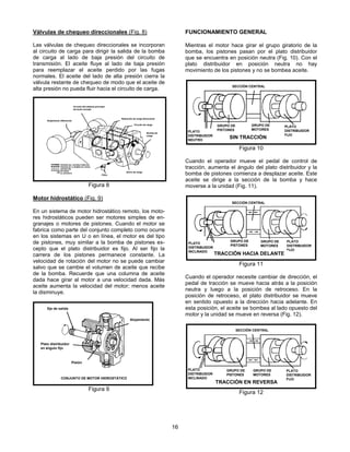 16
Válvulas de chequeo direccionales (Fig. 8)
Las válvulas de chequeo direccionales se incorporan
al circuito de carga para dirigir la salida de la bomba
de carga al lado de baja presión del circuito de
transmisión. El aceite fluye al lado de baja presión
para reemplazar el aceite perdido por las fugas
normales. El aceite del lado de alta presión cierra la
válvula restante de chequeo de modo que el aceite de
alta presión no pueda fluir hacia el circuito de carga.
Motor hidrostático (Fig. 9)
En un sistema de motor hidrostático remoto, los moto-
res hidrostáticos pueden ser motores simples de en-
granajes o motores de pistones. Cuando el motor se
fabrica como parte del conjunto completo como ocurre
en los sistemas en U o en línea, el motor es del tipo
de pistones, muy similar a la bomba de pistones ex-
cepto que el plato distribuidor es fijo. Al ser fijo la
carrera de los pistones permanece constante. La
velocidad de rotación del motor no se puede cambiar
salvo que se cambie el volumen de aceite que recibe
de la bomba. Recuerde que una columna de aceite
dada hace girar al motor a una velocidad dada. Más
aceite aumenta la velocidad del motor; menos aceite
la disminuye.
Figura 9
FUNCIONAMIENTO GENERAL
Mientras el motor hace girar el grupo giratorio de la
bomba, los pistones pasan por el plato distribuidor
que se encuentra en posición neutra (Fig. 10). Con el
plato distribuidor en posición neutra no hay
movimiento de los pistones y no se bombea aceite.
Cuando el operador mueve el pedal de control de
tracción, aumenta el ángulo del plato distribuidor y la
bomba de pistones comienza a desplazar aceite. Este
aceite se dirige a la sección de la bomba y hace
moverse a la unidad (Fig. 11).
Cuando el operador necesite cambiar de dirección, el
pedal de tracción se mueve hacia atrás a la posición
neutra y luego a la posición de retroceso. En la
posición de retroceso, el plato distribuidor se mueve
en sentido opuesto a la dirección hacia adelante. En
esta posición, el aceite se bombea al lado opuesto del
motor y la unidad se mueve en reversa (Fig. 12).
Figura 8
Figura 10
Figura 11
Figura 12
SECCIÓN CENTRAL
PLATO
DISTRIBUIDOR
FIJO
GRUPO DE
MOTORES
GRUPO DE
PISTONESPLATO
DISTRIBUIDOR
NEUTRO
SIN TRACCIÓN
SECCIÓN CENTRAL
PLATO
DISTRIBUIDOR
FIJO
GRUPO DE
MOTORES
GRUPO DE
PISTONES
PLATO
DISTRIBUIDOR
INCLINADO
TRACCIÓN HACIA DELANTE
Bomba de
carga
Alivio de carga
Filtro
Circuito de carga
Retención de carga direccional
Circuito del sistema principal
de bucle cerrado
Alojamiento diferencial
PRESIÓN DEL SISTEMA PRINCIPAL
PRESIÓN DE LA BOMBA DE CARGA
ASPIRACIÓN
RETORNO
AL DEPÓSITO
Eje de salida
Alojamiento
Pistón
Plato distribuidor
en ángulo fijo
CONJUNTO DE MOTOR HIDROSTÁTICO
SECCIÓN CENTRAL
TRACCIÓN EN REVERSA
PLATO
DISTRIBUIDOR
INCLINADO
GRUPO DE
MOTORES
GRUPO DE
PISTONES
PLATO
DISTRIBUIDOR
FIJO
 