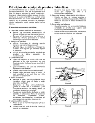 23
Principios del equipo de pruebas hidráulicas
Un sistema hidráulico que se calienta demasiado o
que hace demasiado ruido, es muy probable que
falle. Si observa algunas de estas condiciones,
detenga la máquina de inmediato, apague el motor,
identifique la causa del problema y corríjala antes
de que la máquina sea usada nuevamente. El uso
continuo de un sistema hidráulico de funciona-
miento inadecuado podría causar serios daños
internos.
Al solucionar un problema hidráulico:
1. Conozca el sistema hidráulico de la máquina:
• Estudie los diagramas esquemáticos, el
Manual del Operador y el Manual de Servicio.
• Conozca el funcionamiento del sistema e
infórmese sobre las presiones de la válvula
de alivio y la capacidad de la bomba.
2. Hable con el operador:
• ¿Cómo funcionaba la máquina cuando
comenzó a presentar desperfectos?
• ¿Realizó alguna operación de servicio por su
cuenta o hubo alguien que intentara reparar
la máquina?
• ¿Cómo se utilizaba la máquina y cuándo se
practicó la última operación de
mantenimiento?
3. Opere la máquina:
• Opere la máquina en condiciones que se
asemejen a las que provocaron su mal
funcionamiento. Verifique lo que describió el
operador.
• ¿Los medidores y las luces de advertencia
funcionan correctamente?
• ¿Siente los controles rígidos o esponjosos?
• Busque ruidos extraños, olores o humo. ¿A
qué velocidad o en qué fase del ciclo
operativo se presentan?
4. Revise la máquina:
• Verifique el nivel y las condiciones del fluido
hidráulico. ¿Está sucio el fluido o están
obstruidos los filtros?
• Compruebe si hay sobrecalentamiento.
¿Tiene el aceite olor a quemado? ¿Está
obstruido el enfriador de aceite o están los
conductos tapados con suciedad?
• Revise que los conductos de fluido no estén
doblados ni colapsados. Revise la presencia
de filtraciones, sujetadores sueltos,
soldaduras resquebrajadas, dobladuras en
puntos de pivote, varillajes dañados, etc.
5. Lista de posibles causas:
• Anote lo que le informó el operador y lo que
usted verificó.
• Confeccione una lista de lo que comprobó
durante su inspección.
• Recuerde que puede haber más de una
causa que explique la falla o el
funcionamiento defectuoso.
6. Determine la causa más probable del problema:
• Estudie su lista de causas posibles y
determine cuál es la más probable. Utilice las
tablas de solución de fallas del Manual de
Servicio.
7. Compruebe sus hallazgos:
• Opere la máquina con un medidor hidráulico
conectado al circuito que supone está
funcionando defectuosamente.
• Puede ser necesario reemplazar o ajustar un
componente para verificar sus hallazgos.
Figura 1
Figura 2
Figura 3
 